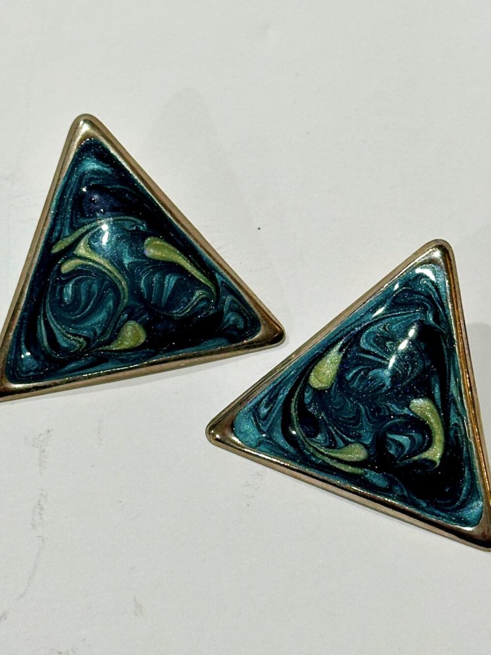 VTG 80s 90s Memphis Style Abstract Triangle Earrings Blue Teal Swirl Geometric